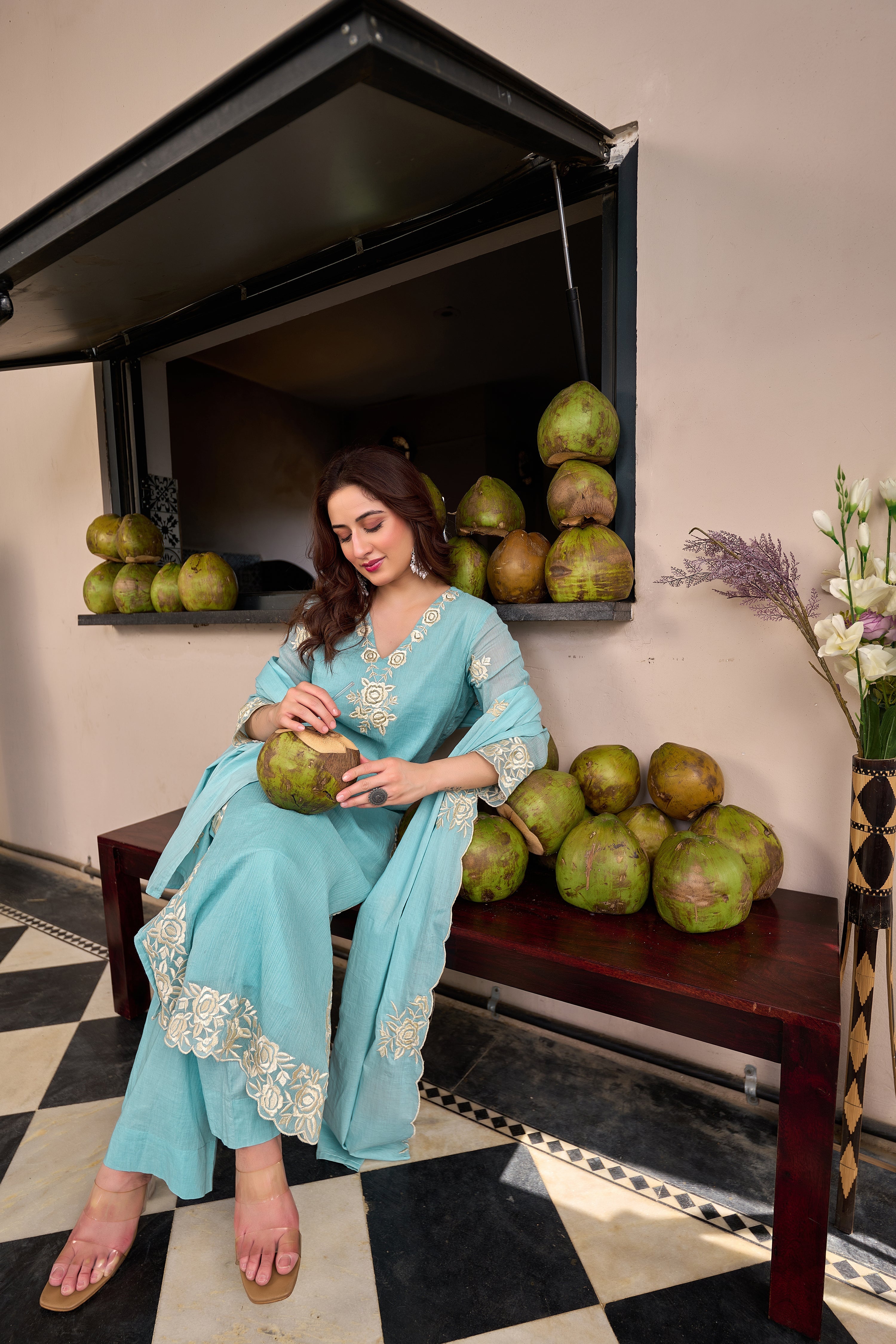 Sky Petal Elegance Sky Blue Embroidered Kurta Set with Dupatta