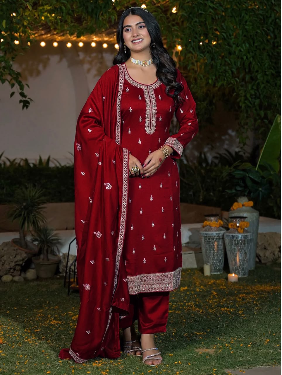 Elegant Maroon Silk Embroidered Kurta Set with Dupatta