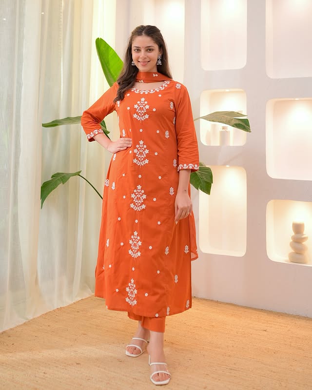 Magenta Orange Embroidered Kurta Pant Set with Dupatta