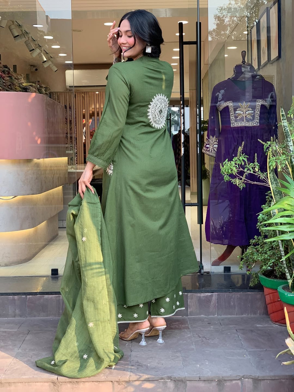 Olive Green Cotton Blend Embroidered Kurta With Pant & Dupatta Set