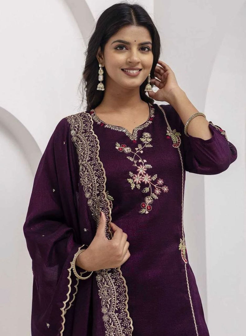 Deep Purple Embroidered Straight Kurta Set with Dupatta