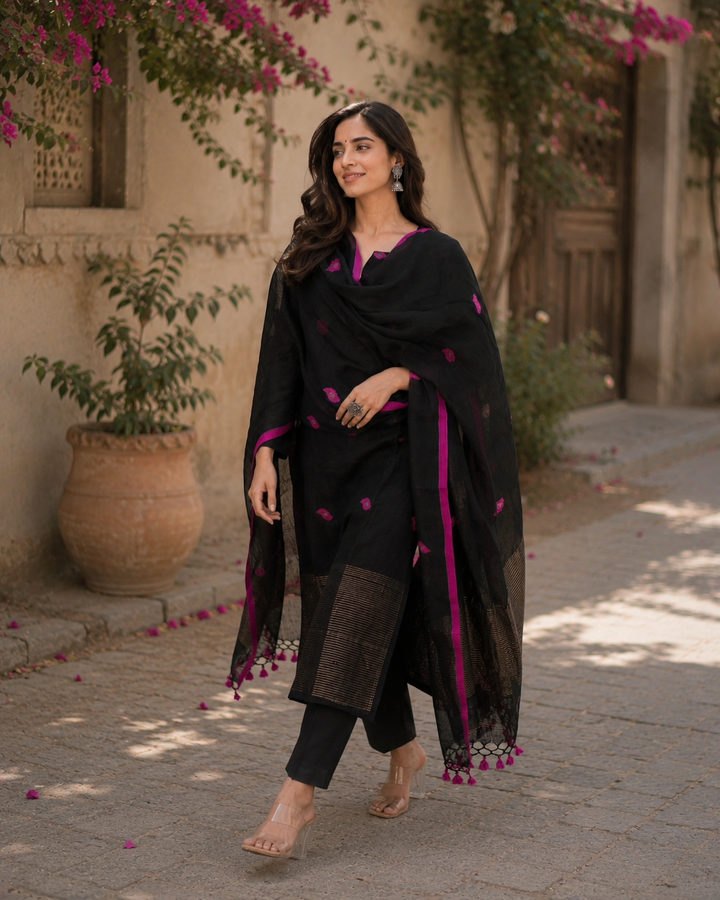 Royal Black & Magenta Designer Jacquard Suit Set with Dupatta
