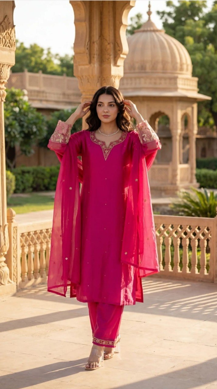 Fuchsia Pink Silk Blend Ethnic Motifs Embroidered Festive Suit Set (Set of 3)