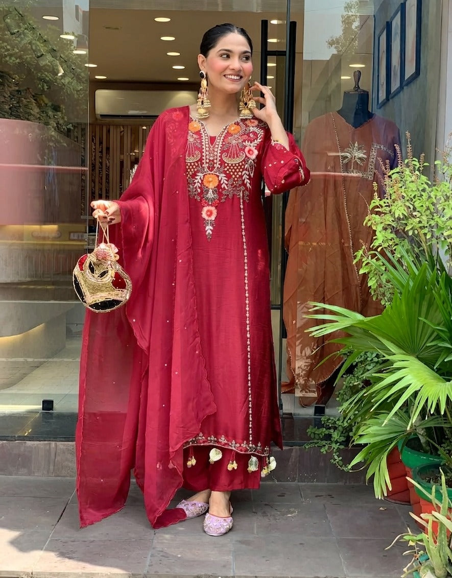 Elegant Maroon Chanderi Silk Heavily Embroidered Kurta Pant Set With Dupatta