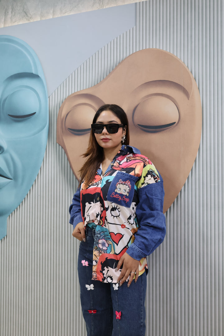 Cartoon rubber Print Denim Patch Shirt